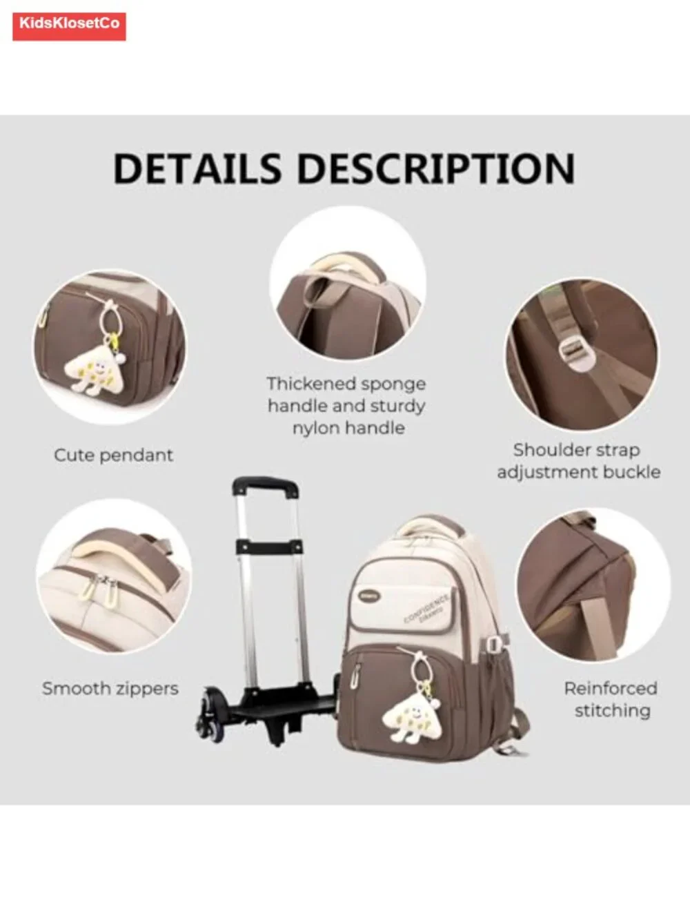 Rolling Backpack with 6 Wheels, Kids Wheeled Book Bag for School Travel, Nylon